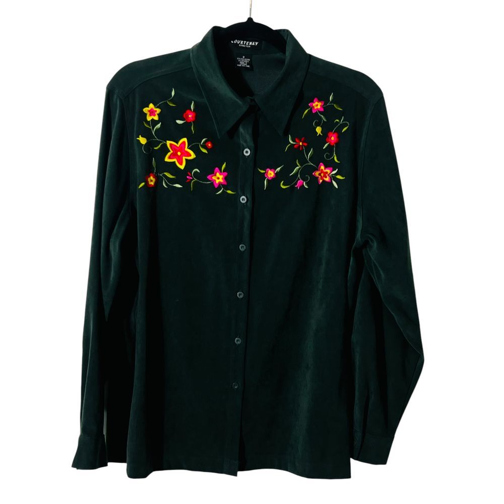 Courtenay Womens Blouse Velvet Green Embroidered Flowers‎ Long Sleeve Stretch 8